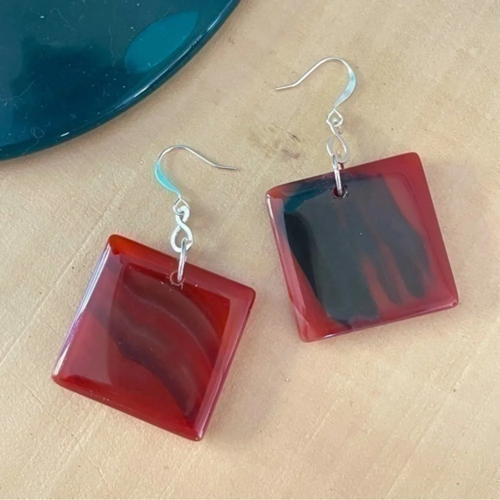 2/$29 Handmade Geometric Statement Earrings Black Orange Bold Asymmetric 2.25”